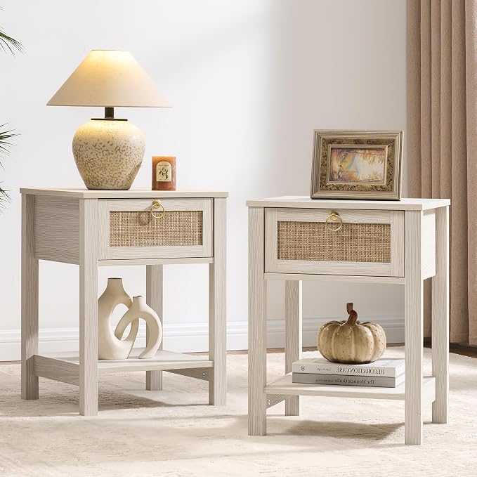 SICOTAS White Rattan Nightstand Set of 2 with Storage Shelf, Bedside Tables | Night Stand Set of 2 with Rattan Drawer, Boho End Tables with Storage for Bedroom, Guest Room, Apartment, and Small Spaces