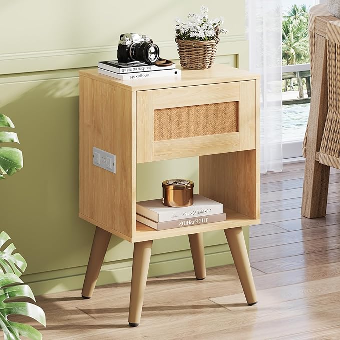 WLIVE Rattan Nightstands Set of 2 with Charging Station, Boho Nightstand, Wood Side Table, Small End Table with Drawers for Bedroom, Natural Oak