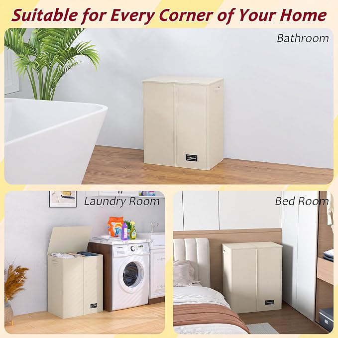135L Laundry Hamper 2 Section, Large Laundry Hamper with Lid, Dirty Clothes Hamper with 2 Removable Inner Bags, Collapsible Laundry Basket Organizer for for Clothes Toys Towels, Hamper 2 Compartment