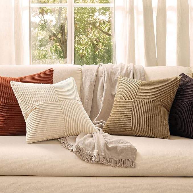 MIULEE Brown Beige Throw Pillow Covers 18x18 Inch Set of 4 Boho Farmhouse Cushion Cases for Livingroom Couch Bed Soft Corduroy Pillow Cases with Invisible Zipper Home Decor