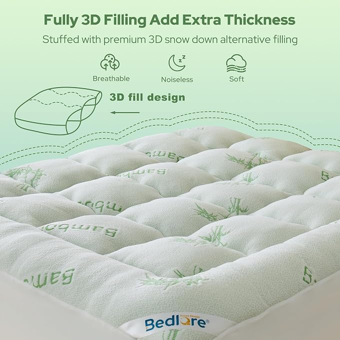 BEDLORE Queen Mattress Topper Viscose Bamboo, Thick Pillow Top Mattress Pad | Stretchable Pockets Fit 6”-18” Mattress, Soft Breathable Mattress Topper for Back Pain Relief and Hot Sleepers(Green)