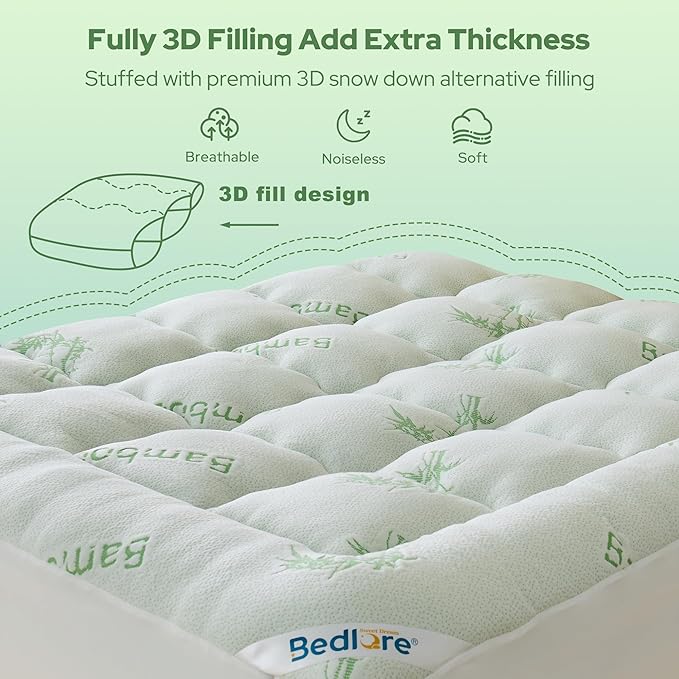 BEDLORE Full Size Mattress Topper Viscose Bamboo, Pillow Top Mattress Pad | Stretchable Pockets Fit 6"-15" Mattress, Soft Breathable Thick Mattress Topper for Back Pain Relief & Hot Sleepers(Green)