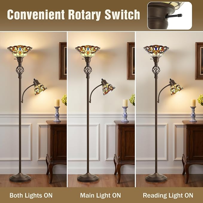 GyroVu Torchiere Floor Lamp for Living Room, Tiffany-Style Reading Light | Stained Glass Lampshade, 72" Tiffany-Style Tall Lamps for Bedroom Corner Home Office, Bulbs Included