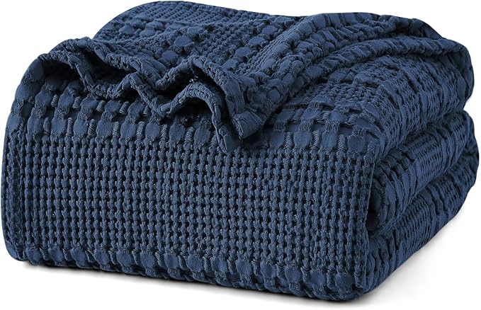PHF Lightweight 100% Cotton Waffle Blanket for Bed, Queen, Blue Sapphire | Pre-Washed Soft Cotton Comfort, Breathable Layering Warmth for Fall & Winter, Bed, Sofa, Couch, Home Decor & Gifts