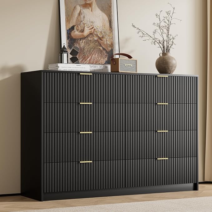 Furniway Black Dresser for Bedroom, Modern Dresser with 8 Drawers and Smooth Slides, Wide Chest of Drawers with Golden Handles for Bedroom, Closet, 15.7" D x 55" W x 37.4" H