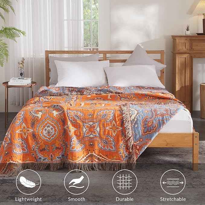 Boho Throw Blanket for Couch Sofa Bed, 100% Cotton Woven Quilt with Tassel 60”x80”, Super Soft Muslin Blanket with Floral Printed, Decorative Reversible Bed Blanket/Cover for All Seasons