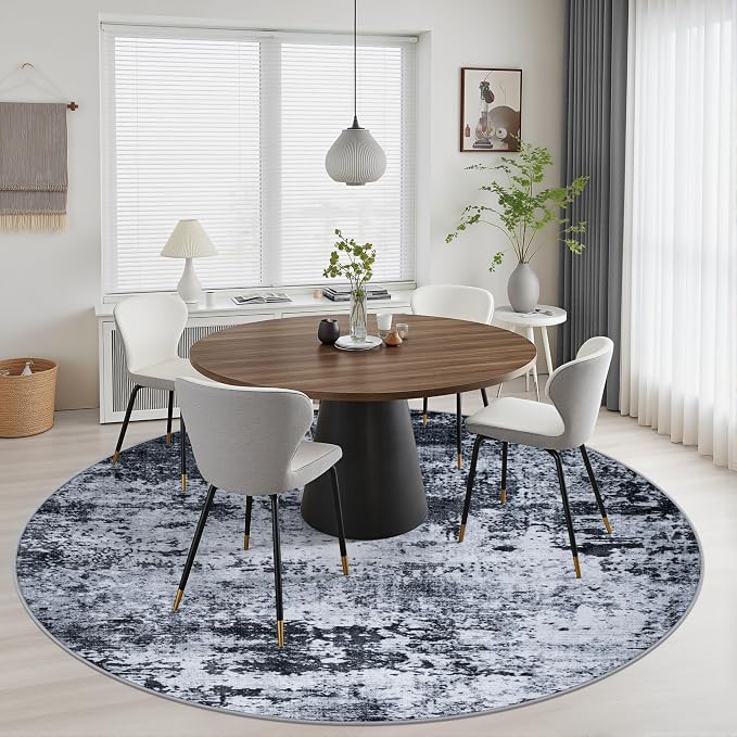 Round Area Rug Living Room: 6 ft Modern Washable Carpet Black | For Bedroom Dining Room Farmhouse Nursery Hallway Office,Modern Abstract,Machine washable,Non-Slip,Stain Resistant,Indoor