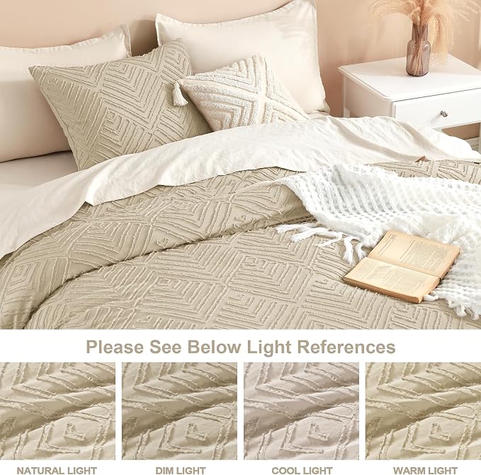 Litanika Queen Size Comforter Set, 3 Pieces Khaki Tufted Boho Bedding Set | Farmhouse Shabby Chic Vintage Bohemian Textured Aesthetic Soft Fluffy Lightweight Breathable All Season Bed Set for Queen Bed