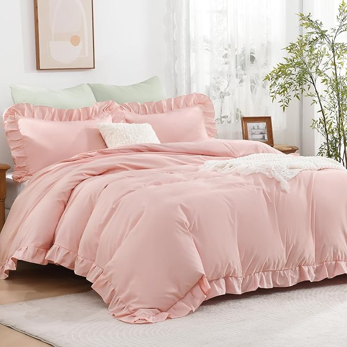 Andency Blush Ruffle Duvet Cover Queen, Shabby Chic Farmhouse Bedding Set | 3 Pieces Soft Washed Polyester Vintage Ruffled Comforter Cover Set with Zipper Closure & Corner Ties, 90x90Inch