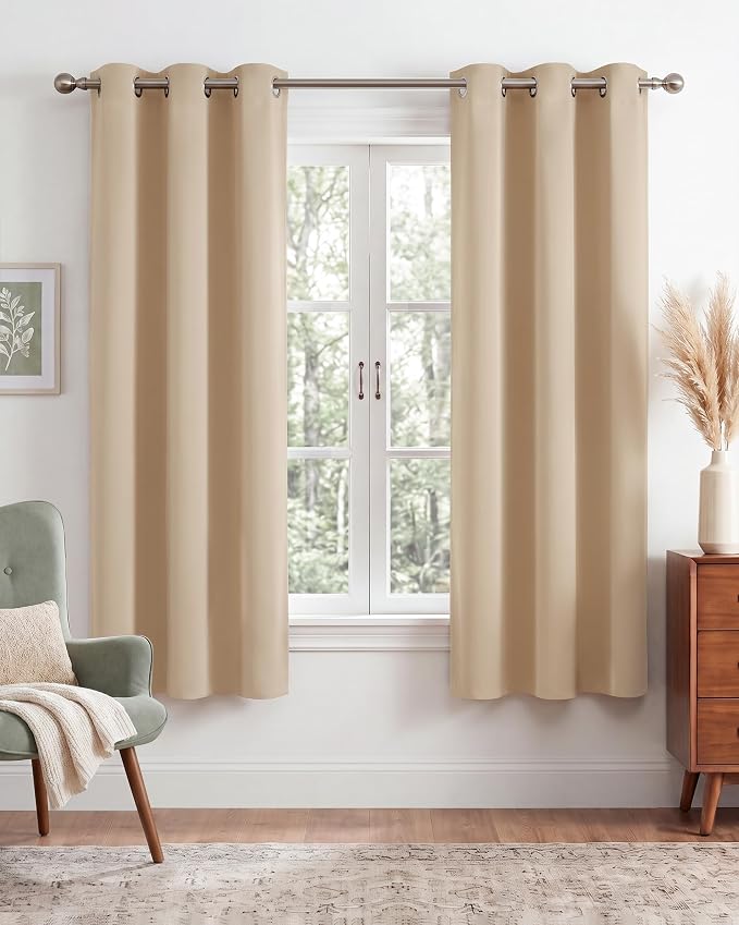 NICETOWN Beige Room Darkening Curtains 63 Inches Long 2 Panels | For Living Room, Bedroom, Nursery, Thermal Insulated, Blackout Drapes, Grommet, Noise Reducing, Window Curtains, W40"xL63"