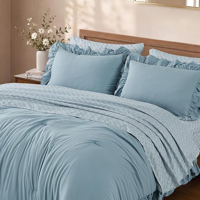 Queen Comforter Set-7 Pieces Ruffle Bedding with Floral Sheet | Misty Blue Bed in a Bag, Soft Lightweight All Season Farmhouse Queen Bedding Sets with Floral Sheets, Pillowcases & Shams