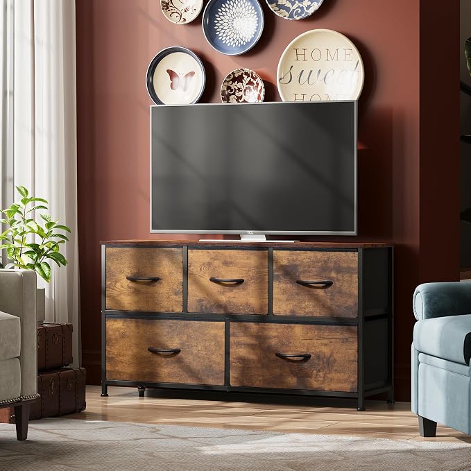 WLIVE Wide Dresser for Bedroom, 5 Drawer Chest of Drawers, Rustic Brown | 5 roomy fabric drawers, Wide storage design, Bedroom or closet use, Sturdy steel frame, Smooth wood tabletop