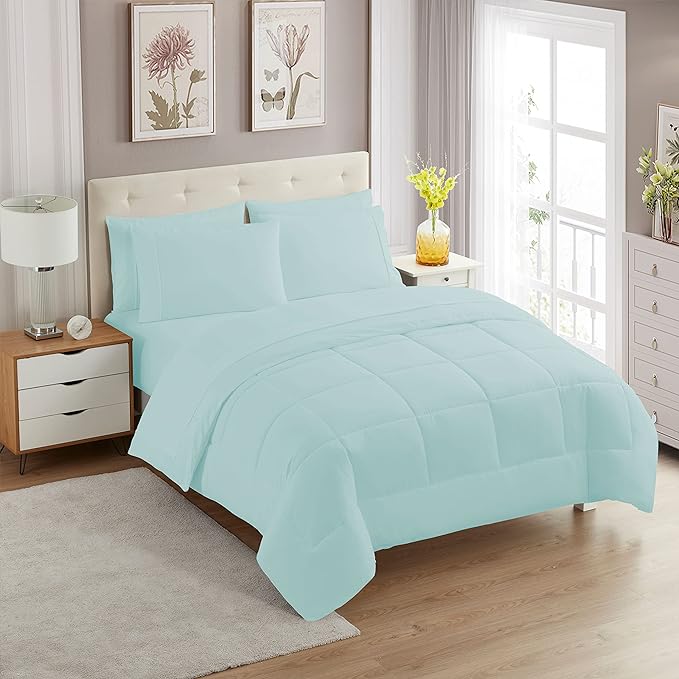 Sweet Home Collection 5 Piece Comforter Set Bag Solid Color All Season Soft Down Alternative Blanket & Luxurious Microfiber Bed Sheets, Aqua, Twin XL