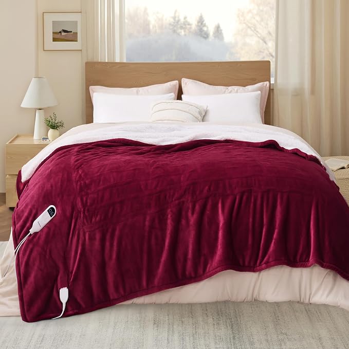 Bedsure Heated Blanket Twin Size, Electric Blanket with Preheat, Burgundy | 6 Heat/6 Timer Settings, 8H Auto Shut-Off, ETL/FCC, Soft Flannel Sherpa, Machine Washable, Gifts for Grandma Grandpa, 62x84in
