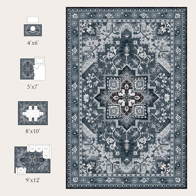 Rugflix 3x5 Entrance Rugs, Washable Dark Navy Blue Entry Small Rug | Machine Washable; Stain-Resistant; Low Pile; Non-Slip; Vintage Farmhouse; Carpet for Entryway Kitchen Hallway Home