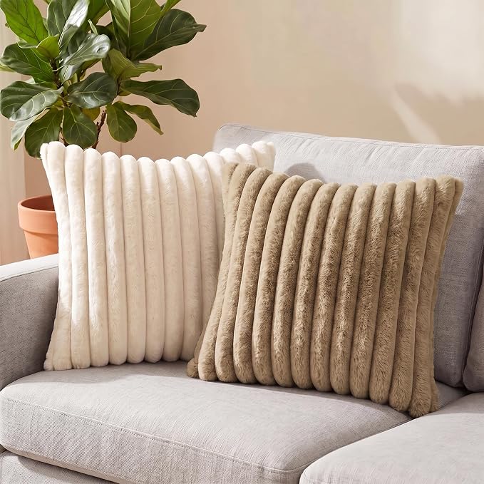 Pack of 2 Throw Pillow Covers 20x20 Decorative Solid Plush Faux Fur with Soft Velvet Back, Square Striped Cushion Cases Modern Farmhouse Home Decor for Living Room Couch Sofa Bed Khaki