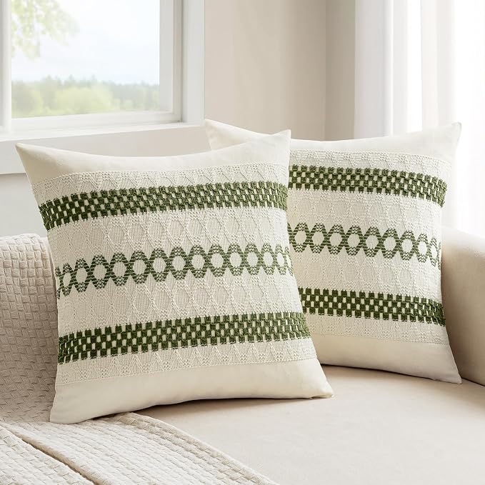 MIULEE Set of 2 Moss Green Boho Decorative Pillow Covers 18x18 Inch | Farmhouse Couch Throw Pillows, Modern Cotton Cushion Covers, Macrame Woven Spring Decor for Bed Sofa Chair
