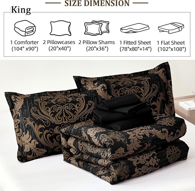 WONGS BEDDING Black Comforter Set King Size, Gold Damask Texture 7 Pieces Bed in a Bag Microfiber Comforter Bedding Sets -1 Comforter, 1 Flat Sheet, 1 Fitted Sheet, 2 Pillow Shams, 2 Pillowcases