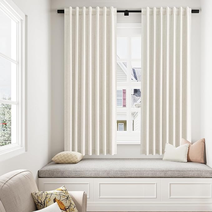100% Blackout Linen Curtains for Bedroom 63 Inches Long Natural Cream Black Out Curtain Back Tab Thermal Insulated Room Darkening Window Drapes for Living Room 2 Panels Beige Ivory 52x63