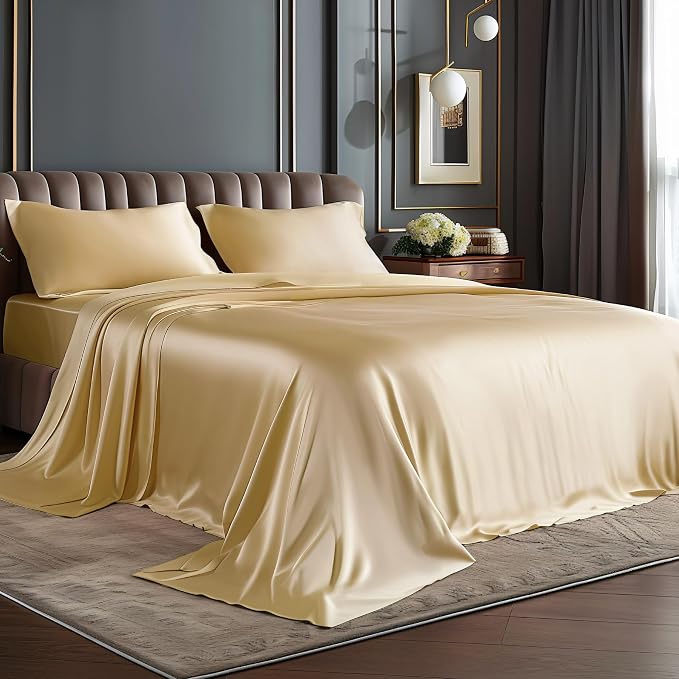 BEDELITE Satin Sheets Queen Size Bed Set, Champagne, 4 Pieces | Luxury Silky Bed Sheets, 15 Inch Deep Pocket, Similar to Silk, Soft and Cooling, Reduces Friction, Gentle on Hair and Skin