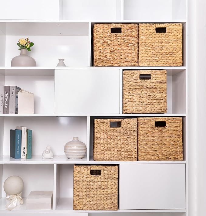 M4DECOR Storage Cube 10.5 x 10.5in, Wicker Storage Baskets for Shelves, Water Hyacinth Storage Baskets, Square Wicker Storage Basket (2 Packs 10.5in)