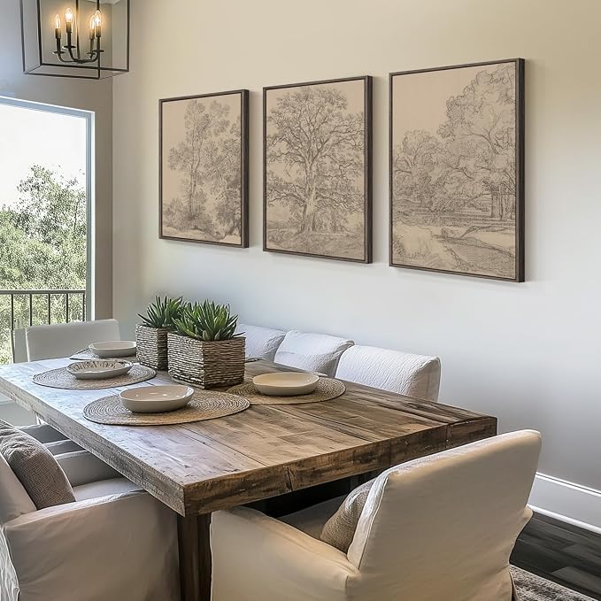 Large Framed Vintage Neutral Tree Sketch Wall Art for Living Room, 20x30 In | 3 piece, Rustic, Retro, Rustic, Canvas artwork, Nature print, Antique, Dining room wall decor, Ready to hang, Wood frame
