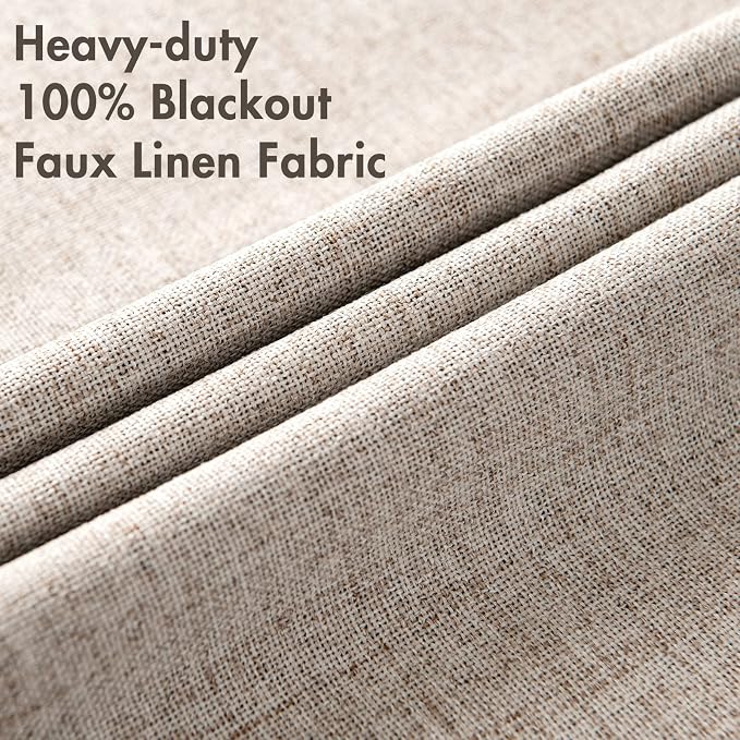 MIULEE 100% Blackout Linen Curtains for Bedroom 42x84 Inches Khaki | Room Darkening, Light Blocking, Thermal Insulated, Grommet Top, Linen Textured, Window Curtains for Living Room, 2 Panels
