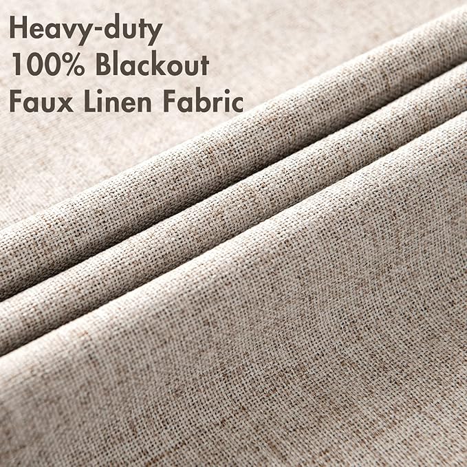MIULEE 100% Blackout Linen Curtains for Bedroom 52x120 Inches Khaki | Room Darkening, Light Blocking, Thermal Insulated, Grommet Top, Linen Textured, Window Curtains for Living Room, 2 Panels