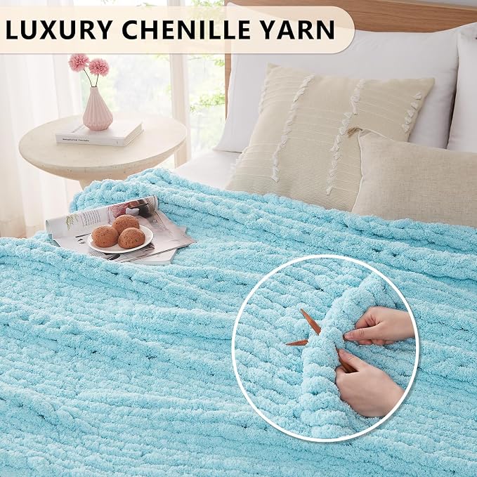 L'AGRATY Chunky Knit Throw Blanket for Couch, 72 x 84 Inches, Light Blue | Handmade Chenille Crochet Blanket for Sofa Bed, Thick Cable Knitted Blankets for Room Home Decor, Birthday Gift for Women Mom