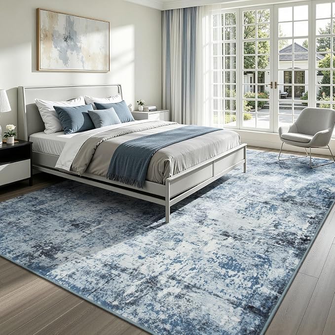Rugflix 8x10 Area Rugs for Living Room, Washable Light Blue Grey Large Rug | Machine Washable; Stain-Resistant; Low Pile; Non-Slip; Modern Abstract; Black Carpet for Bedroom Dining Office Nursery Home