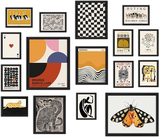 ANERZA 16 PCS Wall Art Unframed Eclectic Wall Art Decor, Modern Maximalist Wall Prints for Bedroom, Bauhaus Posters for Room Aesthetic, Retro Abstract Wall Collage Kit for Living Room, Funky Dorm Gallery Home Decor