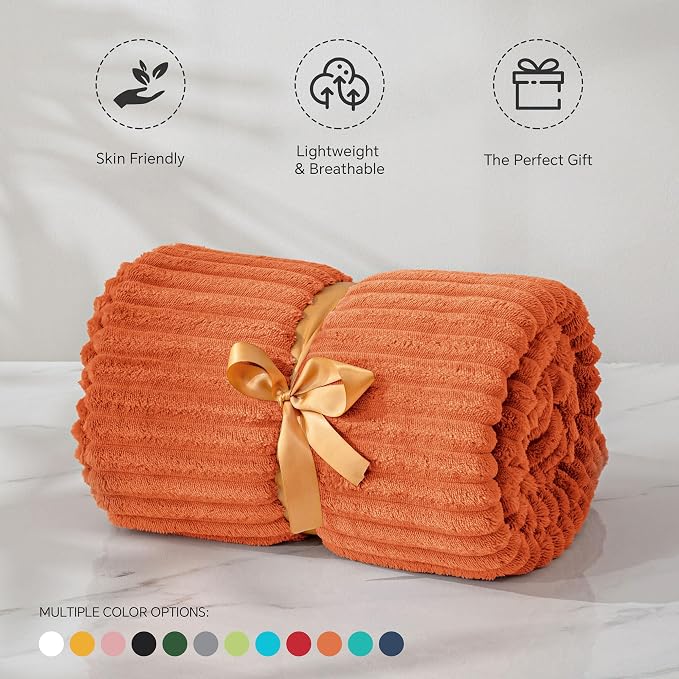 BEDELITE Ribbed Burt Orange Fleece Twin Fall Throw Blanket for Couch, 60x80 | Soft Warm Fluffy Blanket for Bed Sofa College Dorm Room Fall Decor, Luxury Cozy Birthday Gifts for Women Girls, Lightweight