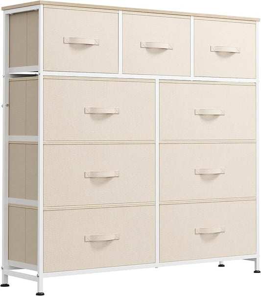 WLIVE Tall Dresser for Bedroom, 9 Drawer Chest of Drawers, Cream White | 9 roomy fabric drawers, Tall storage design, Bedroom or closet use, Sturdy steel frame, Smooth wood tabletop