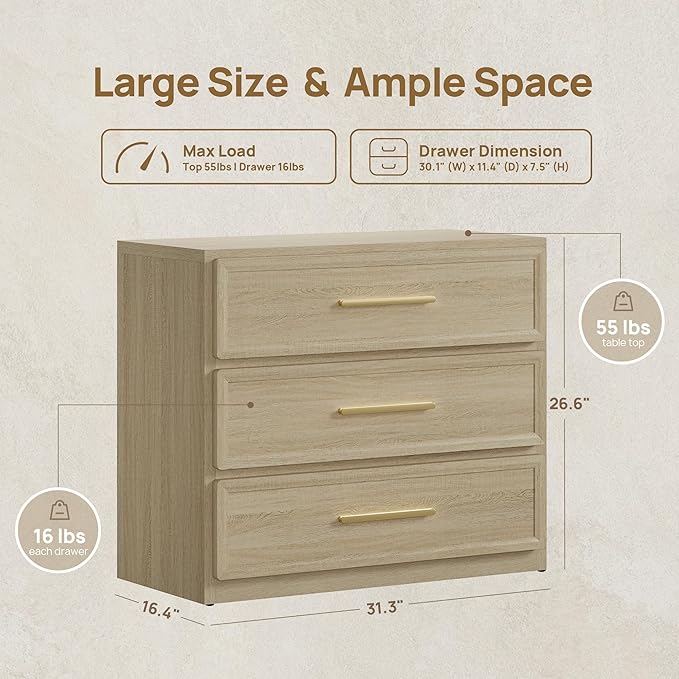 SICOTAS Oversized Nigh Sstand with 3 Drawers for Bedroom Tall Bedside Table | Extra Large Nightstand with Storage 31.3" Wide Side Table Modern End Table Night Stands for Sofa Couch Office