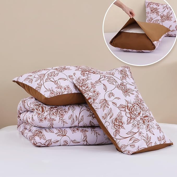 JANZAA Queen Size Comforter Set - Terracotta Floral Shabby Chic Bedding | 3 Piece Cute Floral Bedding for All Season, 1 Soft Fluffy Breathable Microfiber Comforter Set with 2 Pillowcases
