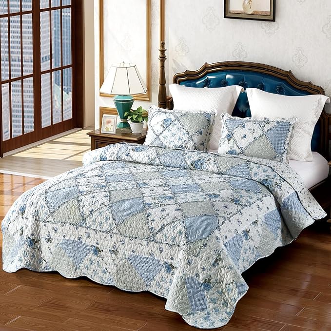 Oversized King Quilt Set Blue Floral Patchwork Alaska King Bedspreads Set | 3-Piece Alaskan King Size Bedding Set 132x120 Rversible Quilted Coverlet Lightweight Comforter Bed Cover with 2 Pillowcase