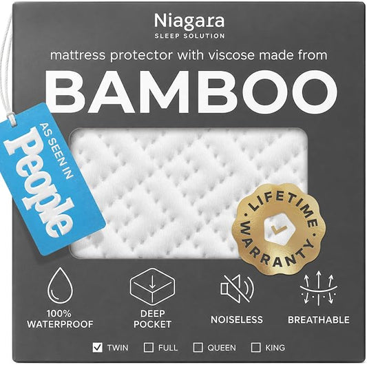 100% Waterproof Twin Mattress Protector - 360 Pad Protection Against Spills, Stains & Accidents for Parents & Pet Owners - Noiseless & Cooling Viscose Made from Bamboo (White)