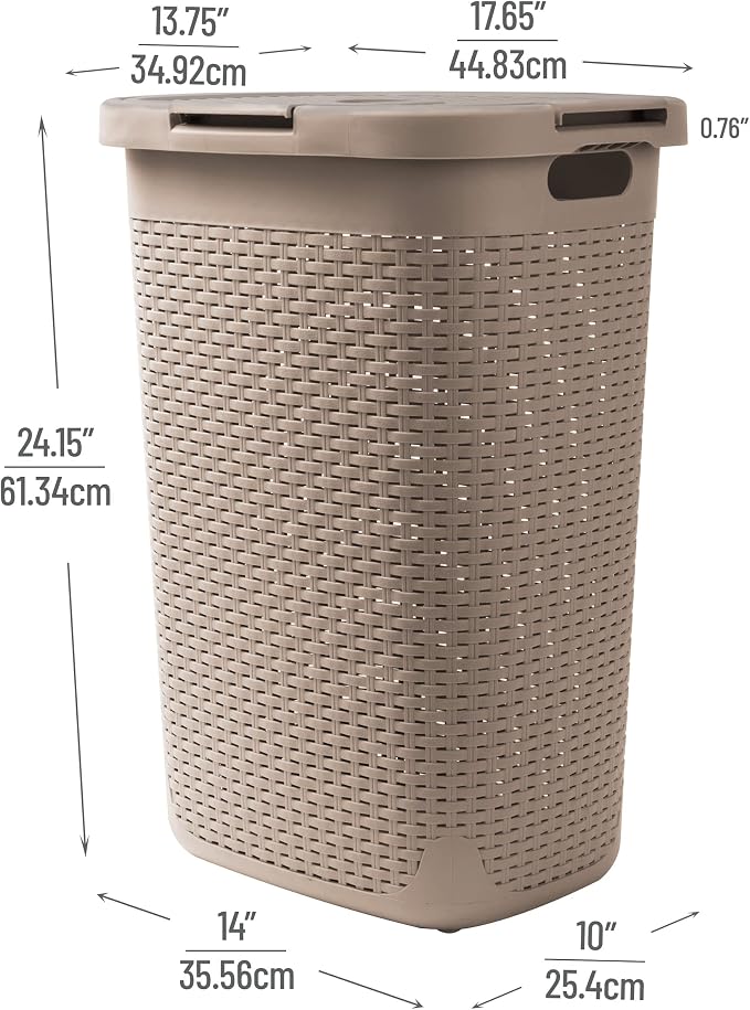 Mind Reader Slim Laundry Hamper with Lid, 60L Tall Clothes Basket, Narrow Tapered Design for Bathrooms, Closets and Laundry Rooms, Plastic, Tan