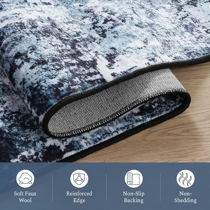 Rugflix 2x4 Entrance Rugs, Washable Navy Blue Dark Entry Small Rug | Machine Washable; Stain-Resistant; Low Pile; Non-Slip; Modern Abstract; Black Carpet for Entryway Kitchen Hallway Home