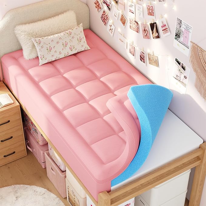 ELEMUSE Twin XL College Girls Dorm 3 Inch Memory Foam Mattress Topper | Pink Dual Layer Design, 2 Inch Cooling Gel Foam and 1 Inch Soft Pillow Top Bed Pad, Comfortable Support