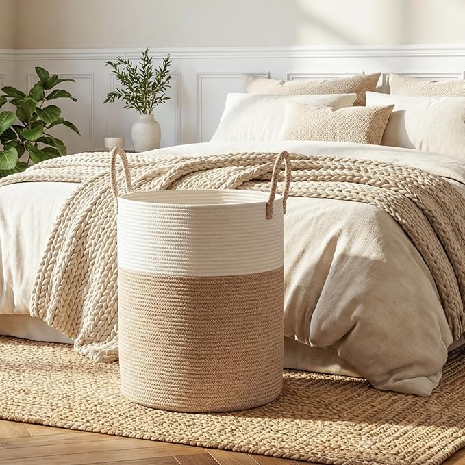 OIAHOMY 60L Nursery Hamper Laundry Basket Laundry Hamper Brown/White | collapsible Blanket Basket Cotton Rope Woven Basket Dirty Clothes Hamper Baby Hamper Tall Clothes Hamper with Handles