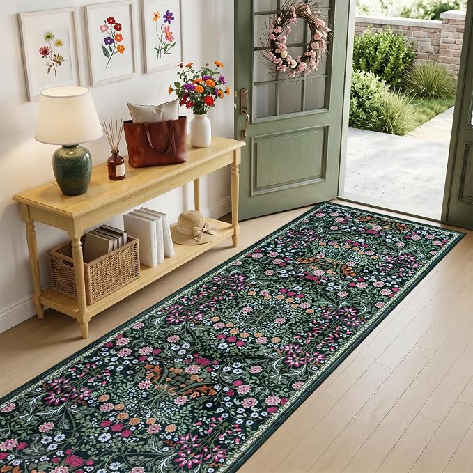 PLHXFR 2.6x10 Washable Runner Rug：Floral Indoor Kitchen Carpet Dark Green | For Hallway Bedroom Kitchen Laundry Bathroom Dorm,Vintage Floral,Machine washable,Non Slip,Stain Resistant,Indoor Floor