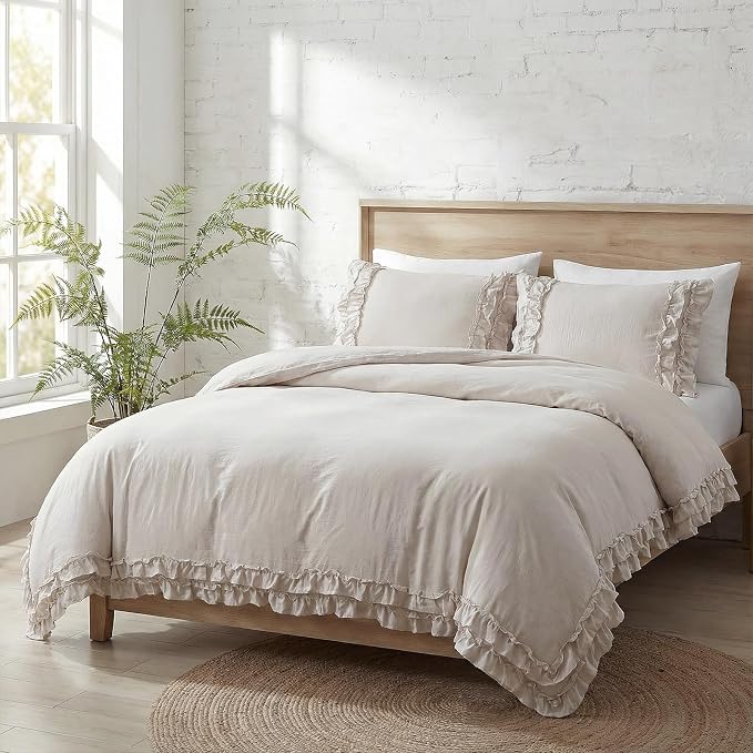 Bedorm Beige Duvet Cover King Shabby Chic Bedding Soft Breathable Washed Microfiber Ruffle Duvet Cover Coquette Cute Comforter Cover Girls Women