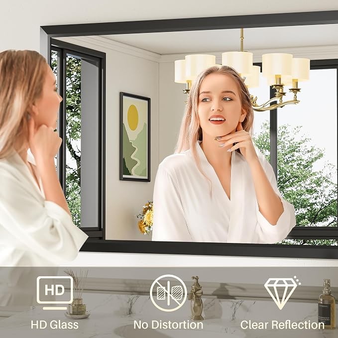 Black Metal Framed Bathroom Wall Mirror, 20x28 Inch | Anti-rust, HD tempered glass, for bathroom vanity, bedroom, living room, horizontal or vertical mount