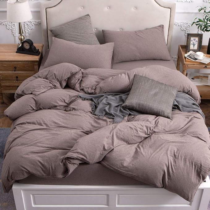 PURE ERA Jersey Knit Sheet Set Heather Brown Queen | 100% Cotton, 3 Piece Set, T Shirt Soft, Breathable, Envelope Closure Pillowcases, Hidden Zipper, 8 Ties, No Insert, Modern