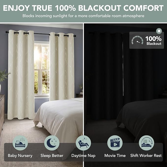 Deconovo 100% Blackout Living Room Curtains 84 Inches Long, Black Backing | Silver Line Foil Pattern Drapes, Thermal Insulated, Room Darkening, Grommet, 2 Panels Set, Light Beige, 42 x 84 Inch