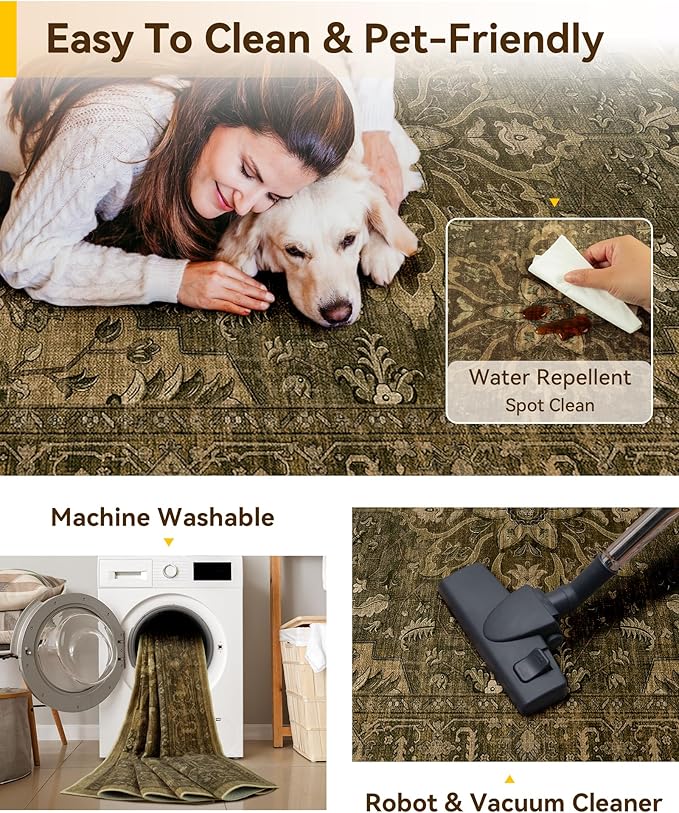 RELEANY Washable Area Rug, Small 2'x3', Brown/Dark Brown | Non-Slip, Water Repellent, Pet Friendly, Easy to Clean, Vintage Floral Boho Decor for Kitchen Entryway Bathroom