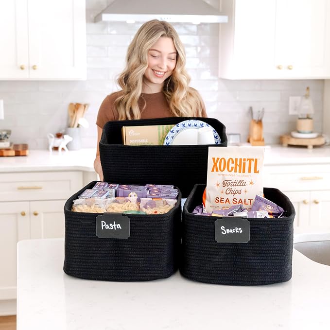 NaturalCozy Storage Baskets 16.8”x13”x7.6” Cotton Rope Woven Baskets for Organizing 3-Pack | Toy Storage Bins | Basket for Shelves, Laundry, Blanket, Clothes, Closet, Kitchen, Bathroom, Gifts