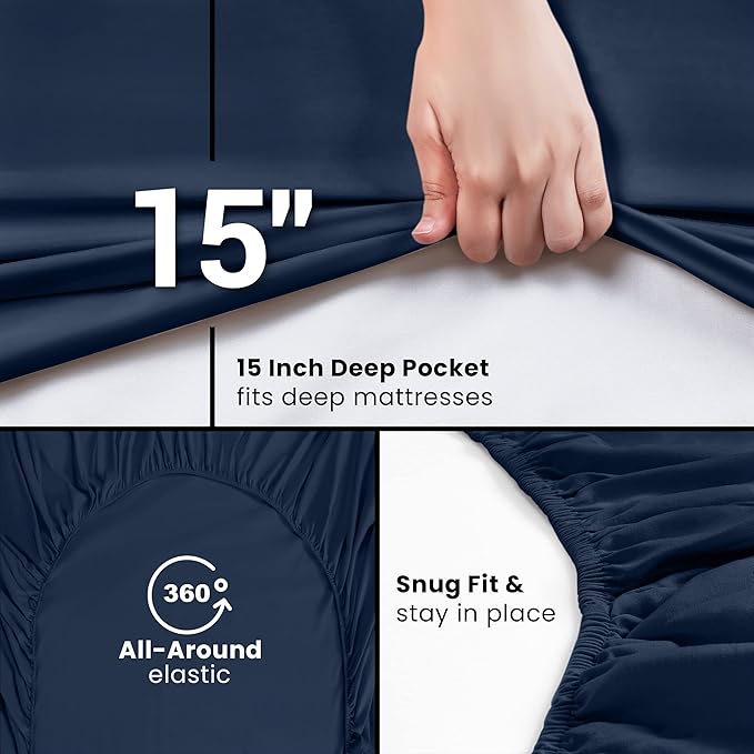 Pack of 6 Queen Fitted Sheet, Fits Up to 16 Inch Deep Pocket, Navy | Hotel Comfort, Cooling & Breathable Cotton like Polyester, Easy Fit, Wrinkle & Fade Resistant, Snug Fit, Easy Care, Oeko-Tex