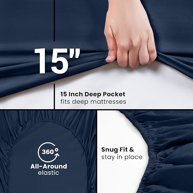 Queen Fitted Sheet, Ultra Soft Fits Up to 16 Inch Deep Pocket, Navy | Hotel Comfort, Cooling & Breathable Cotton like Polyester, Easy Fit, Wrinkle & Fade Resistant, Snug Fit, Easy Care, Oeko-Tex